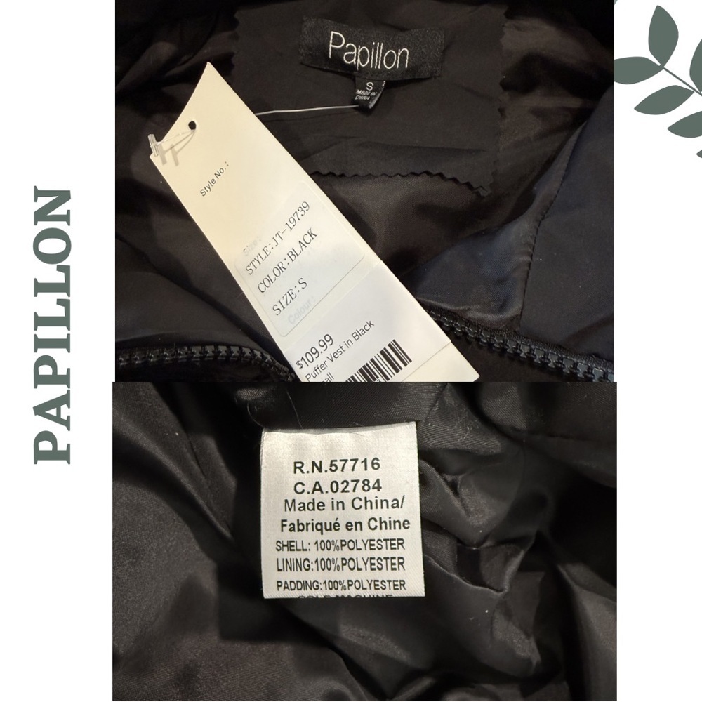 Papillon Black Puffer Vest Removable Hood Small NWT - Picture 8 of 8